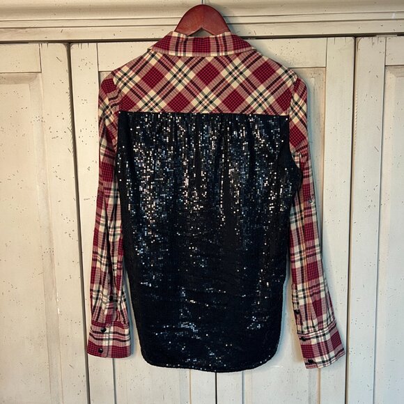 BLANK NYC Plaid Button Down with Sequin Back, Red Cream, Size Small - Picture 6 of 13